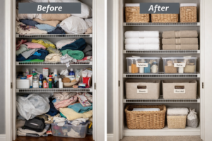 Before-and-after linen closet: cluttered shelves of loose towels and bottles on the left, organized labeled bins and woven baskets on the right