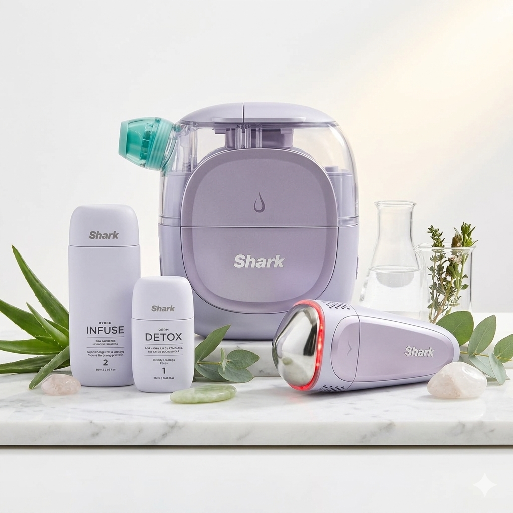 Purple Shark facial steamer and skincare device set with Infuse and Detox capsules on marble