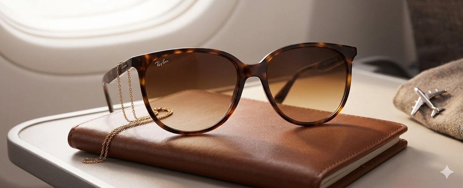Tortoiseshell round sunglasses on a brown leather passport cover on an airplane tray