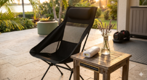 Portable folding camp chair on a sunset patio with a lavender vase and adjustable dumbbells