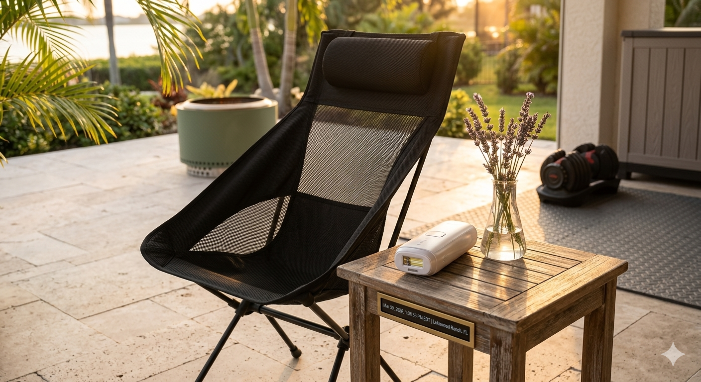 Portable folding camp chair on a sunset patio with a lavender vase and adjustable dumbbells