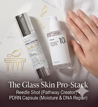Skincare graphic titled The Glass Skin Pro-Stack featuring a Reedle Shot and PDRN capsule serum