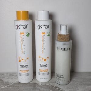 GK Hair color protection shampoo and conditioner with Remilia Rice and Shine leave-in conditioner for women over 40 with thin color treated hair
