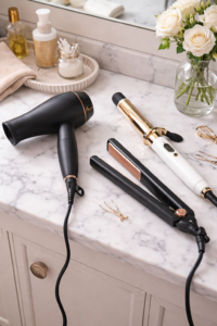 Hair styling tools including blowdryer straightener and curling iron showing heat damage risk for women over 40 with mature hair