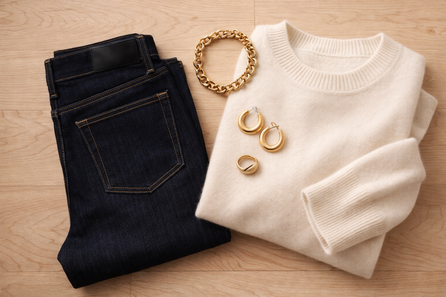 Flat lay of dark raw denim jeans with a cream sweater, gold hoop earrings and a chain necklace