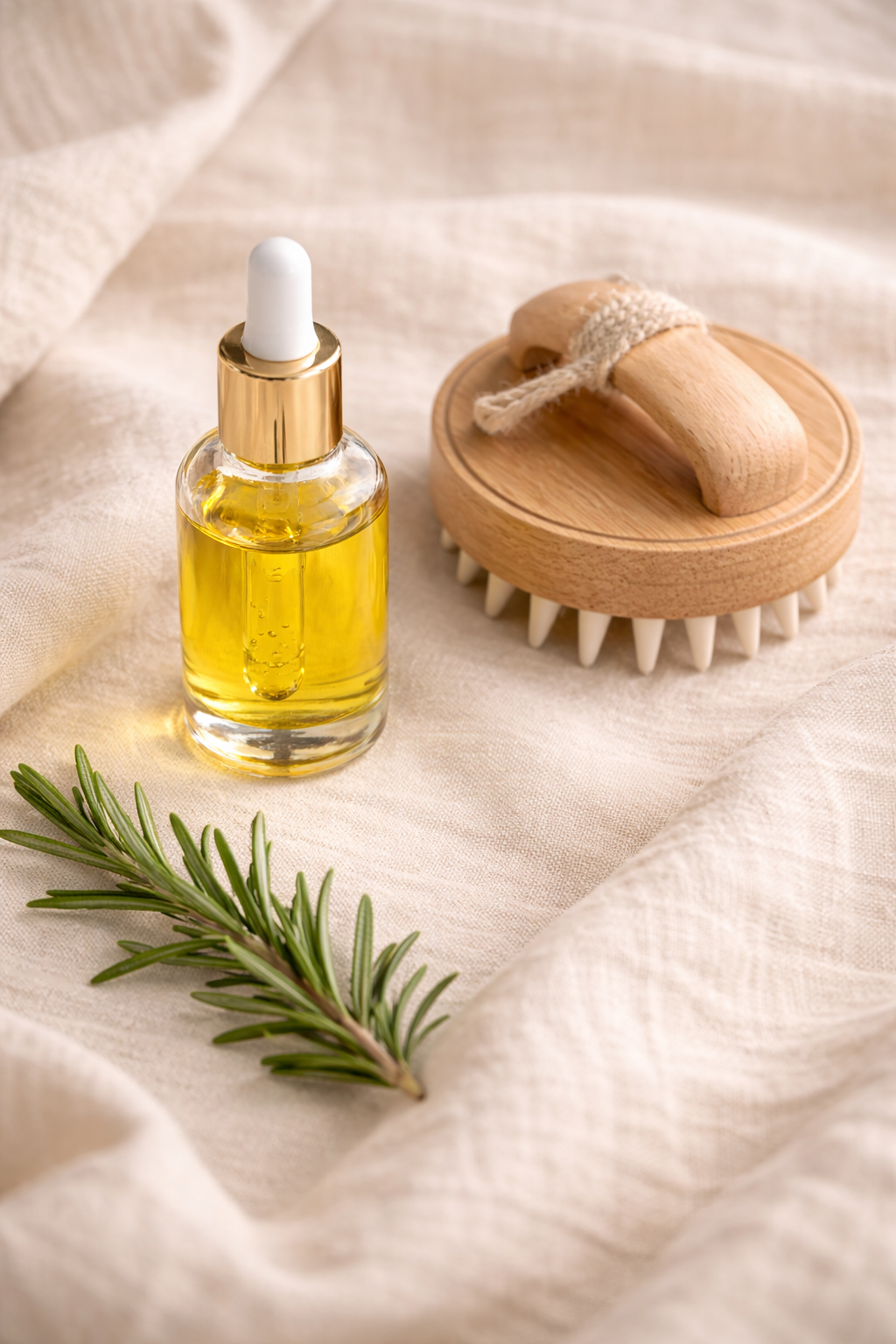 Dropper bottle of scalp oil beside a wooden scalp massager and a rosemary sprig on cream linen
