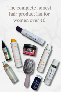 Complete honest hair care product collection for women over 40 showing daily essentials and occasional treatments arranged on marble surface