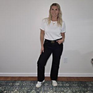 white tee gold belt Veja sneakers with black Levi's jeans outfit