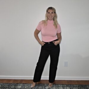 blush ribbed top clear heels black jeans feminine outfit