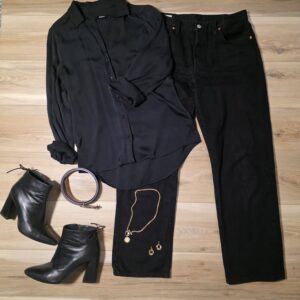 all black Quince satin blouse Stuart Weitzman boots outfit