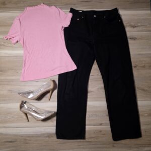 blush ribbed top clear heels black jeans feminine outfit