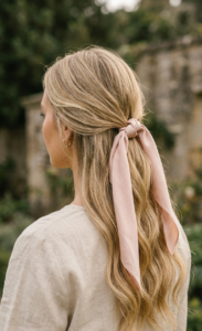 Back view of a woman over 40 with long wavy blonde hair gathered into a half-up style finished with a blush pink satin scarf bow