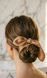 Back view of a low chignon bun finished with a camel silk bow scarf — a polished bandana hairstyle for women over 40