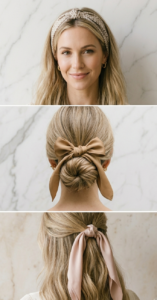 Collage of three bandana hairstyles for women over 40 — a textured knot headband, a camel satin bow over a low bun, and a blush silk scarf tied on a half-up ponytail