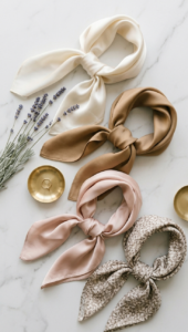 Flat lay of four neutral silk hair scarves — ivory, camel, blush pink, and a soft floral print — styled with dried lavender and brass dishes