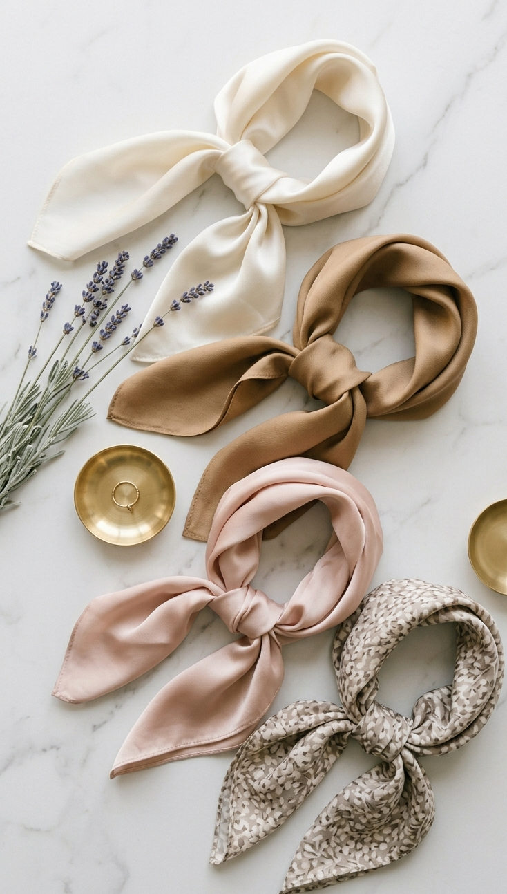 Flat lay of four neutral silk hair scarves — ivory, camel, blush pink, and a soft floral print — styled with dried lavender and brass dishes