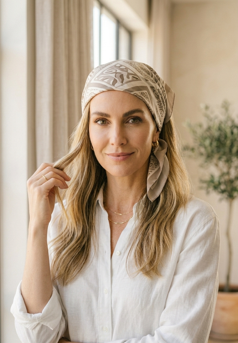 Woman over 40 wearing a paisley-printed silk scarf tied bandana-style as a head wrap, paired with a crisp white linen shirt