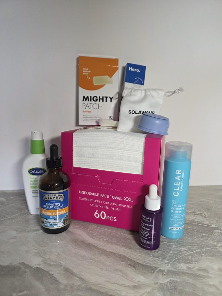 Flat lay of hormonal acne skincare routine products