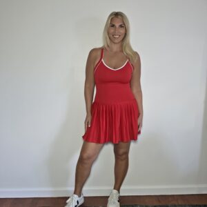 Red pleated tennis dress with built-in shorts