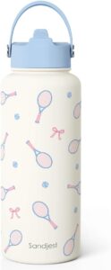 Sandjest tennis racket and bow print water bottle