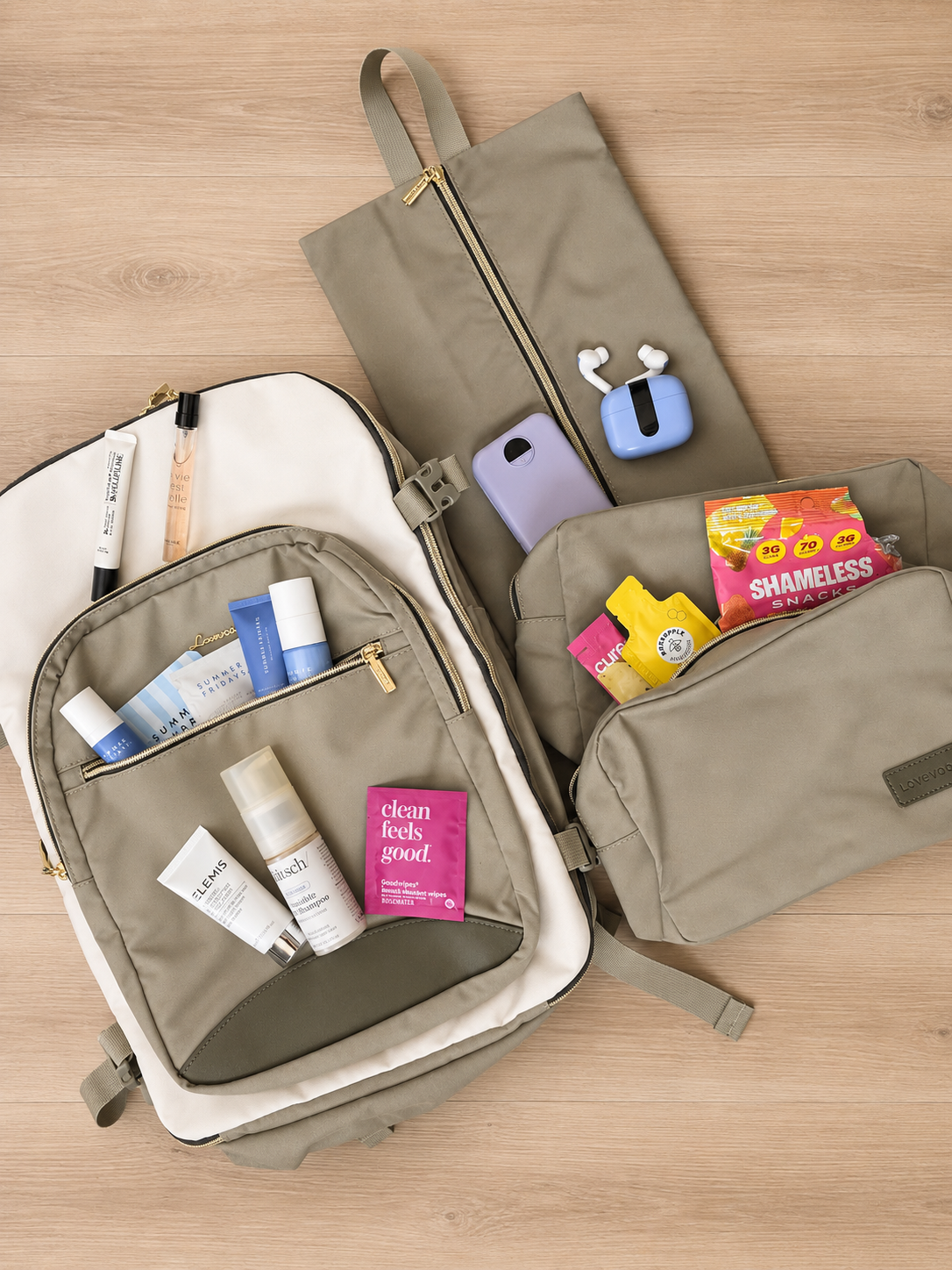 Travel essentials packed into a personal item bag