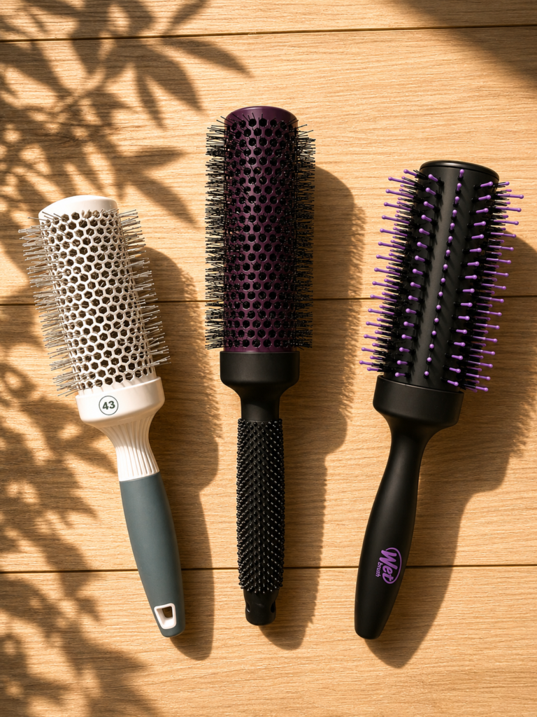 Three round barrel blowout brushes in cream, plum and black lined up on a wood surface in dappled sunlight