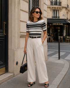 Cream wide-leg trousers with a black-and-white striped top