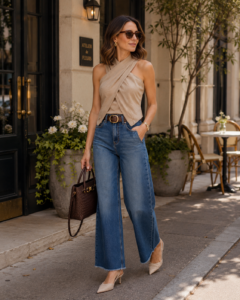 Dark wide-leg jeans styled with a nice top