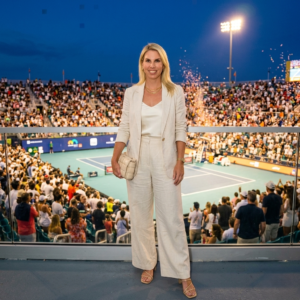 Stadium at sunset evening tennis outfit