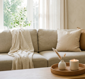 Cozy living room with warm, textured decor