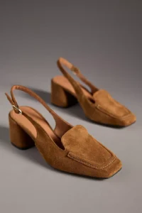 Tan suede block-heel slingback shoes