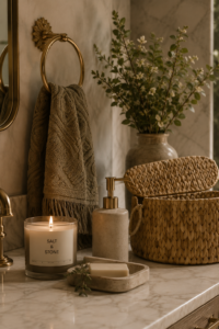 Warm bathroom textures — a fringed towel, woven basket, dried greenery and a candle on a marble counter