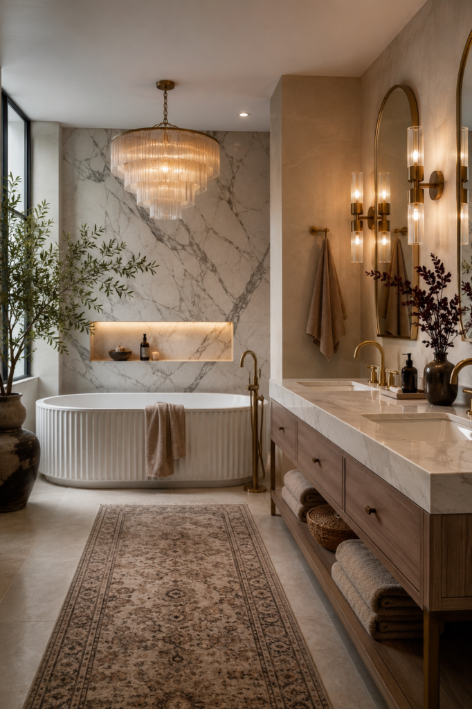 A quiet luxury bathroom with marble walls, a glass tiered chandelier, arched mirror and warm brass sconces