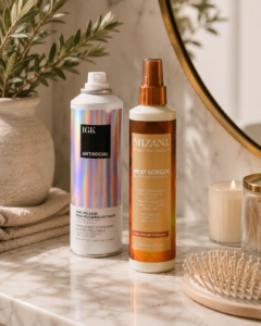 IGK and Mizani leave-in hair spray bottles on a marble bathroom counter with a candle and brush
