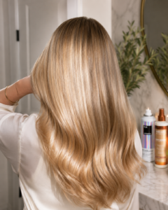 Back view of a woman with long healthy wavy blonde hair beside a hair product on the counter