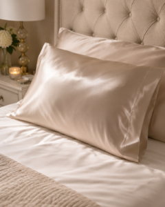 Champagne silk pillowcase on a neatly made bed in a softly lit bedroom