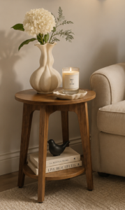 Wooden side table styled with a ceramic vase, lit candle and stacked books beside a cream chair