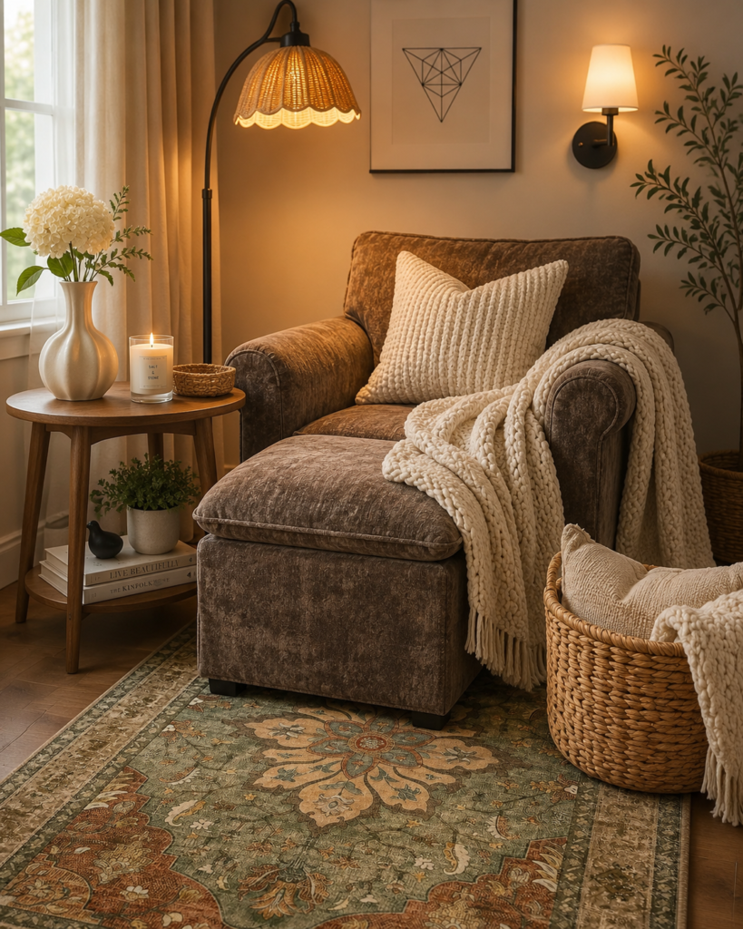 Cozy reading nook with a brown chenille armchair and ottoman, cream chunky-knit throw, wood side table with a lit candle and hydrangeas, and a woven basket in warm lamplight