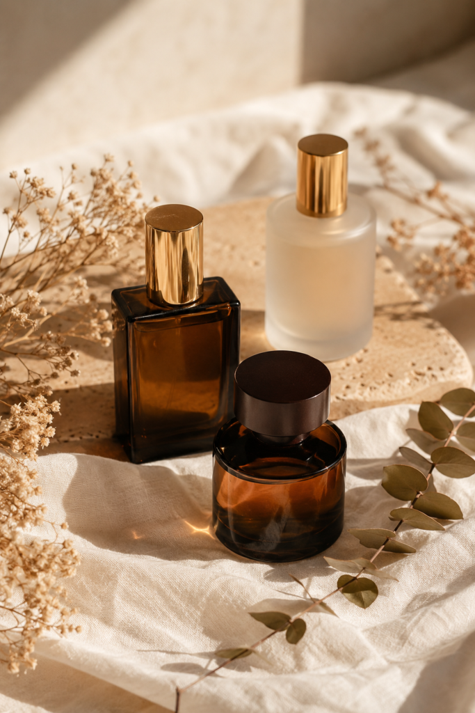 Amber and frosted glass perfume bottles with gold caps on a stone tray with dried flowers, illustrating scent stacking over 40