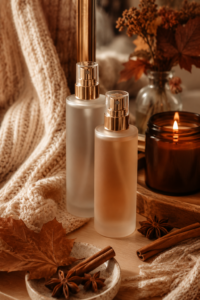 Frosted fragrance bottles on a cozy knit sweater with a lit candle, cinnamon sticks and star anise — a cozy scent stacking combination