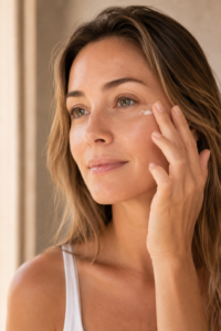 Woman over 40 smoothing eye cream around her eyes