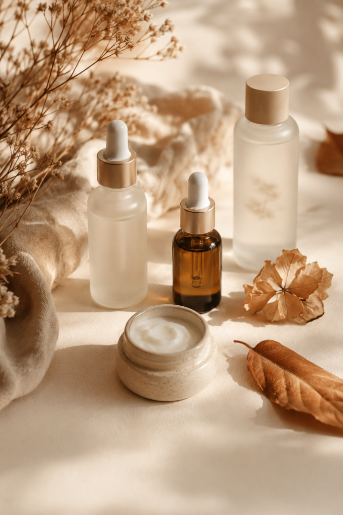 Fall skincare products for women over 40 — a serum dropper and frosted cream bottles on a warm beige surface with dried flowers