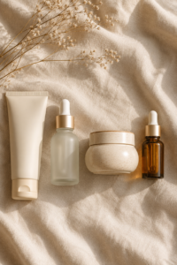 Cream cleanser, moisturizer and serum on beige linen with dried flowers — richer fall skincare textures for over 40