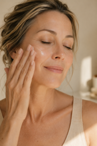 Woman over 40 pressing nourishing face oil into her cheek at night with glowing skin