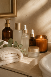 Rolled towels, a cream jar and amber oil with eucalyptus on a bathroom vanity — a gentle fall skincare routine