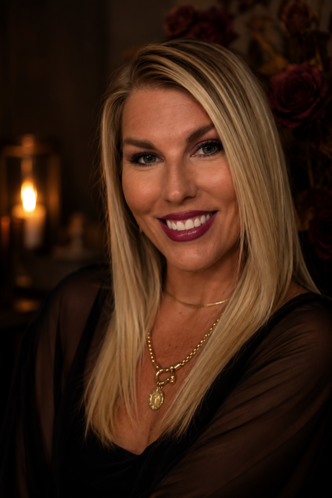 Woman over 40 wearing soft vamp-romantic fall makeup — a deep berry lip and blurred smoky eye — in warm candlelight