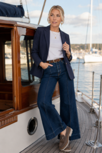 Woman in a navy blazer, white tee and dark wide-leg jeans with brown loafers, standing on the wooden deck of a sailboat