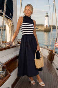 Navy midi dress with a white-striped mock-neck bodice, straw bucket bag and white slide sandals on a sailboat deck
