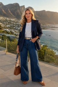Navy blazer over a white tee with dark wide-leg jeans, brown loafers and a brown shoulder bag, overlooking a coastal bay