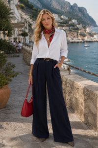 White button-down shirt with a red silk neck scarf, navy wide-leg trousers, gold belt and red handbag on a Mediterranean street